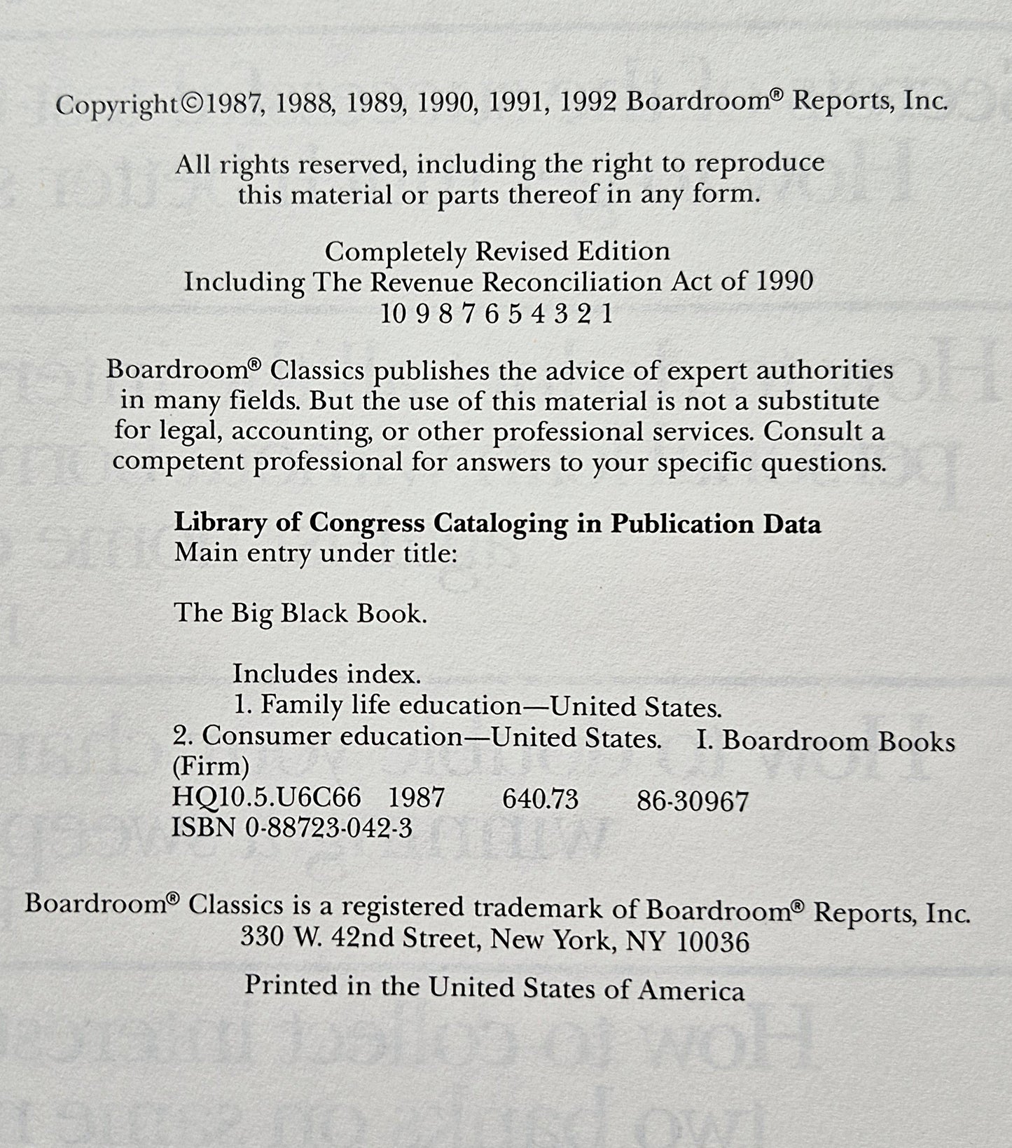 The Big Black Book by Boardroom Reports, Inc. (Very Good 1992 HC 496 pgs)