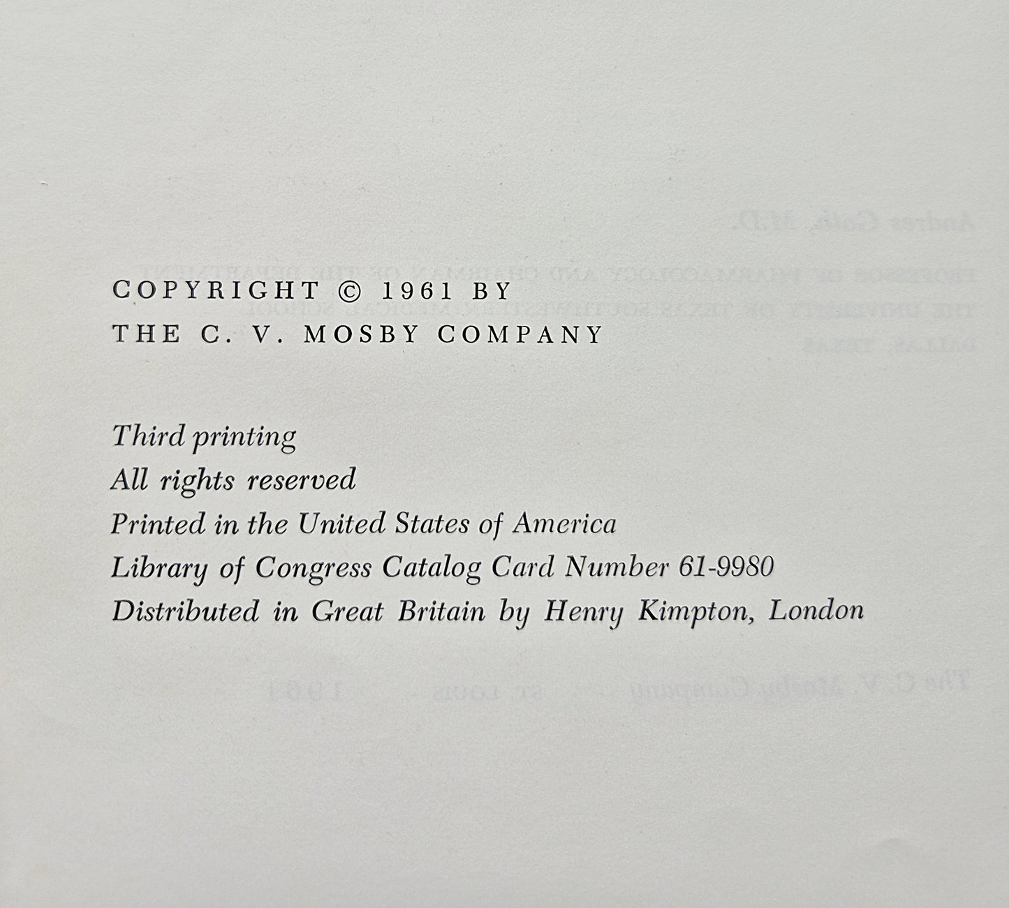 Medical Pharmacology: Principles and Concepts by Andres Goth (Good, 1961, HC, 551 pgs, C. V. Mosby Co.)