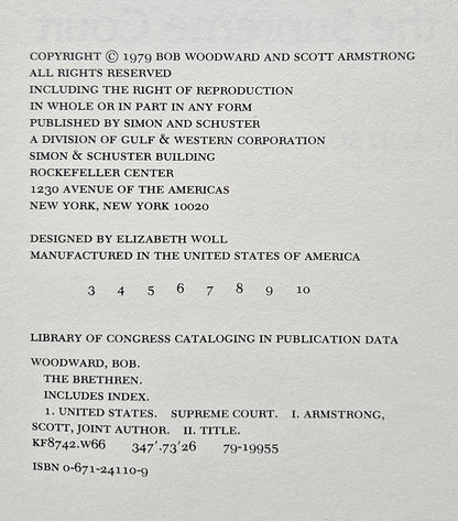 The Brethren: Inside the Supreme Court by Bob Woodward; Scott Armstrong (Very good, 1979, HC, 467 pgs, Simon and Schuster)