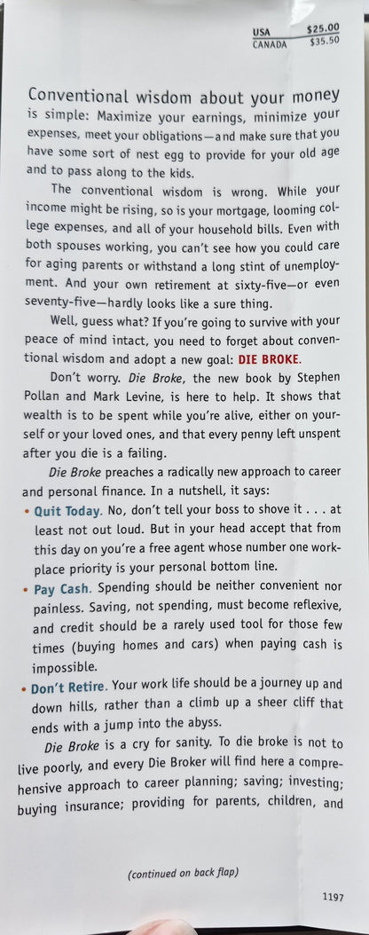 Die Broke: A Radical, Four-Part Financial Plan by Stephen M. Pollan (Very good, 1998, HC, 304 pgs, HarperBusiness)