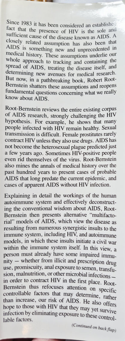 Rethinking AIDS: The Tragic Cost of Premature Consensus by Robert Root-Bernstein (Very good, 1993, HC, 512 pgs, The Free Press)