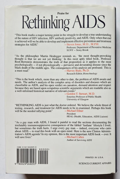 Rethinking AIDS: The Tragic Cost of Premature Consensus by Robert Root-Bernstein (Very good, 1993, HC, 512 pgs, The Free Press)