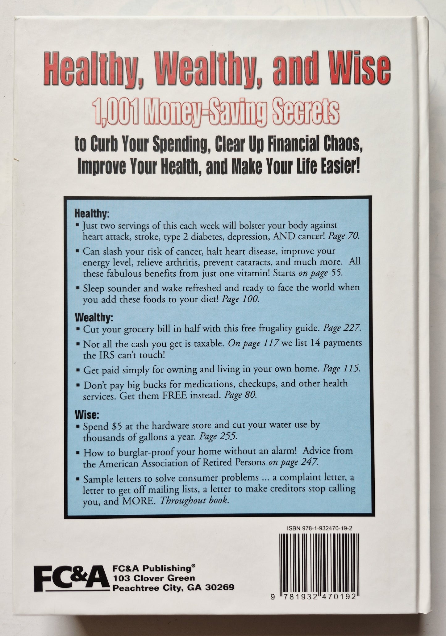 Healthy, Wealthy, and Wise: 1,001 Money-Saving Secrets by Editors of FC&A (Very good, 2008, HC, 379 pgs)