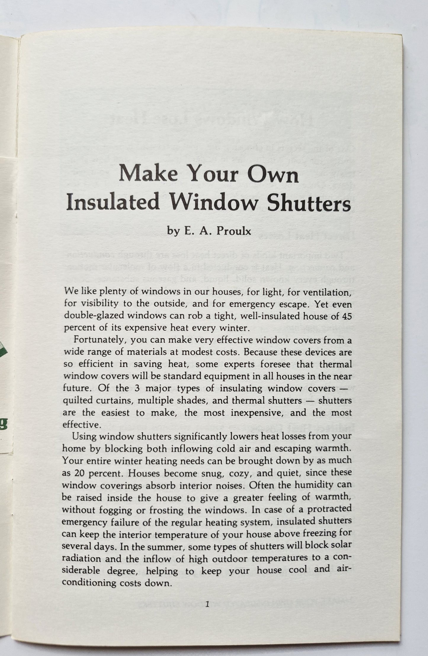Make Your Own Insulated Window Shutters by E.A. Proulx (Very Good, 1981, Pbk, 32 pgs, Garden Way Publ.)
