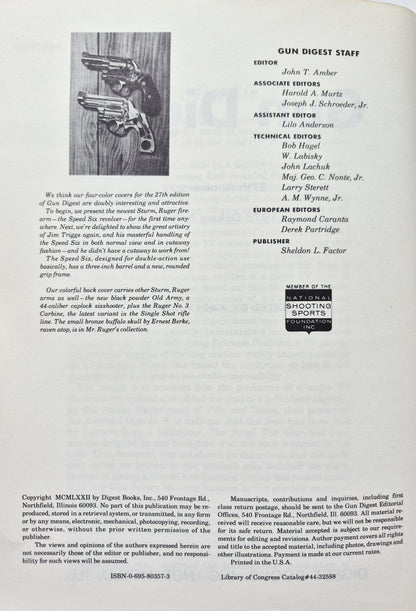 Gun Digest 27th Anniversary 1973 Deluxe Edition edited by John T. Amber (Very Good, 1973, Pbk, 480 pgs, Digest Books)