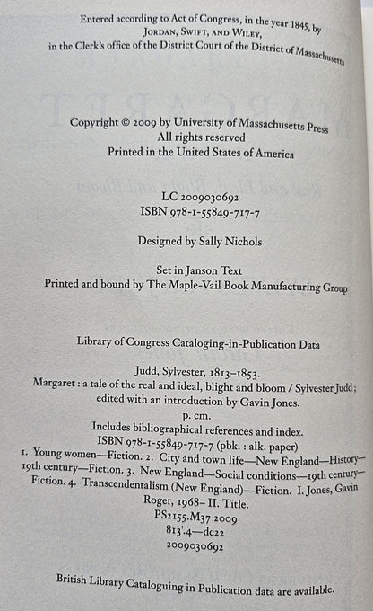 Margaret by Sylvester Judd-Very good, (1845) 2002, Pbk, 467 pgs, University of Massachusetts Press