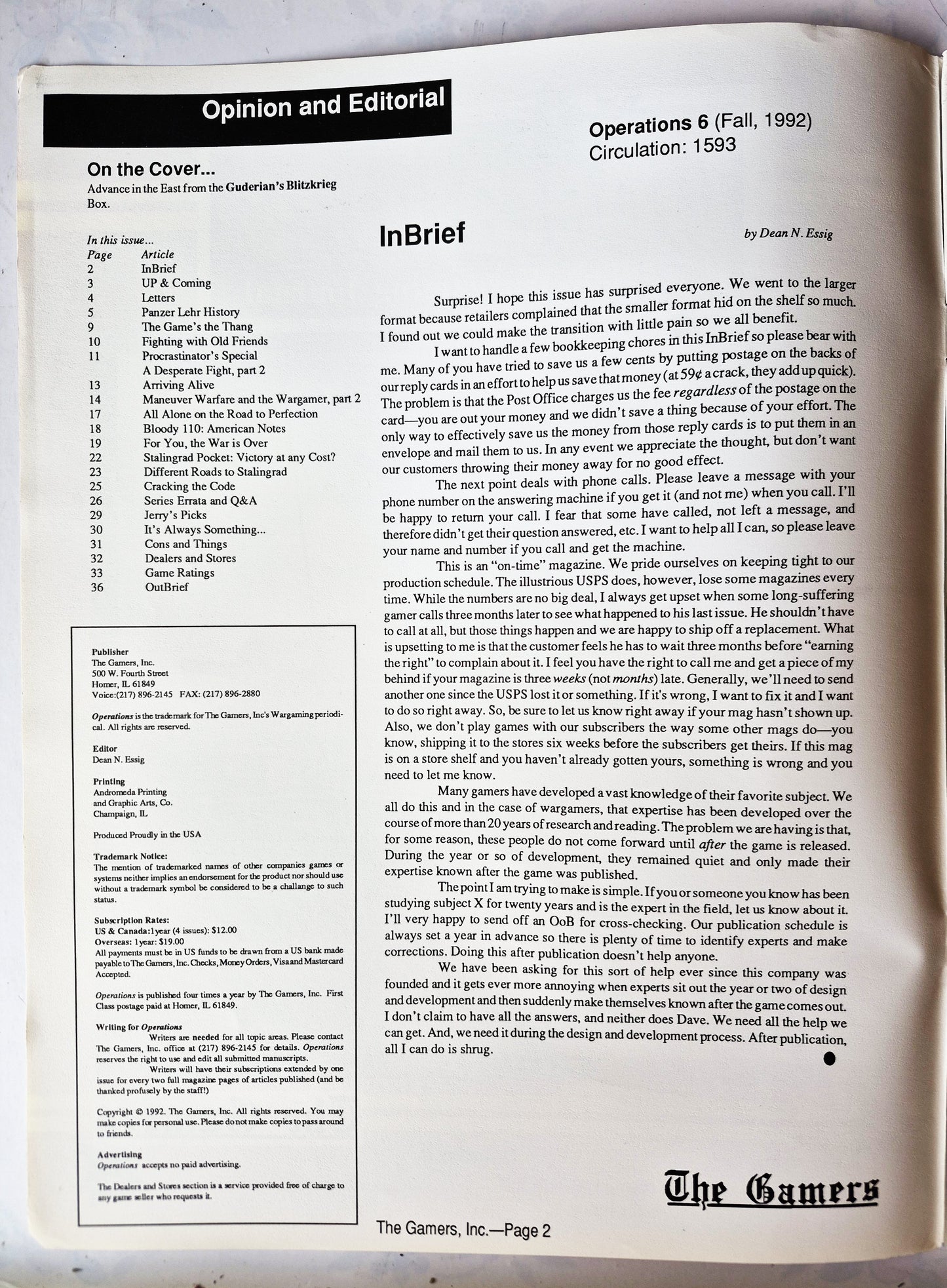 Operations: The Wargaming Journal: Number 6 Fall 1992 (Very good)