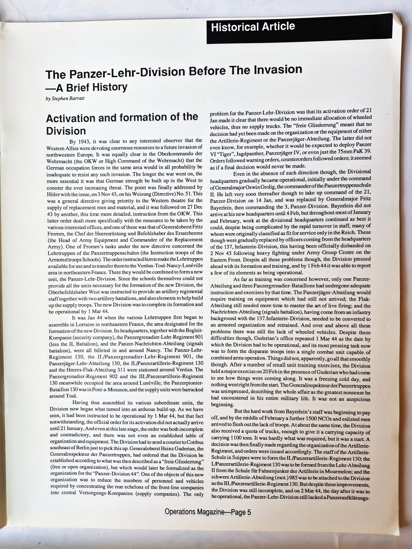 Operations: The Wargaming Journal: Number 6 Fall 1992 (Very good)