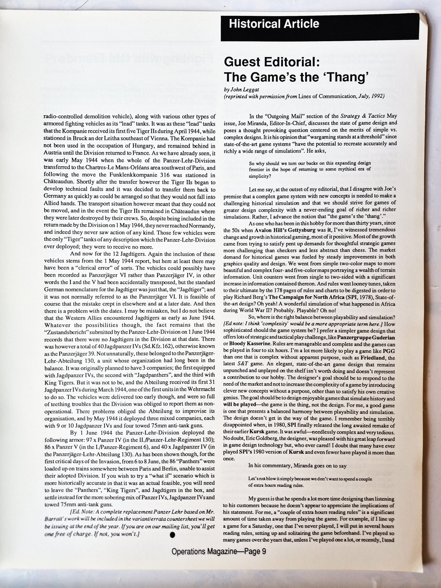 Operations: The Wargaming Journal: Number 6 Fall 1992 (Very good)