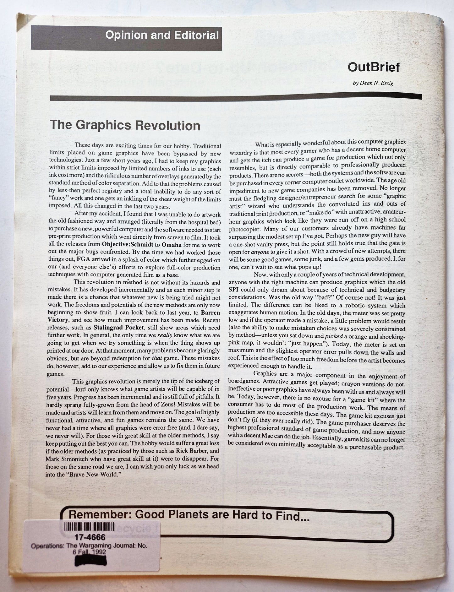 Operations: The Wargaming Journal: Number 6 Fall 1992 (Very good)