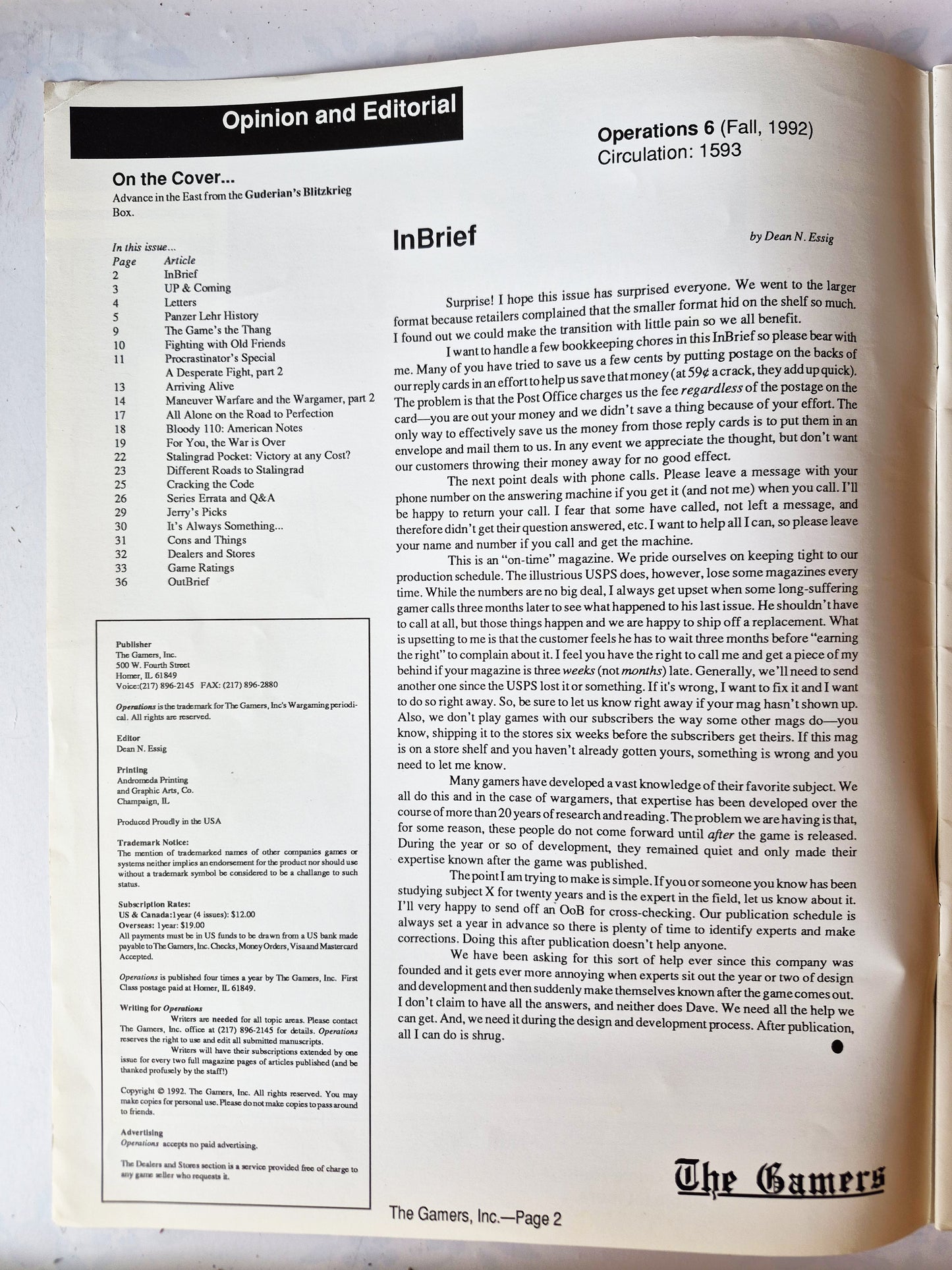 Operations: The Wargaming Journal: Number 6 Fall 1992 (Very good)