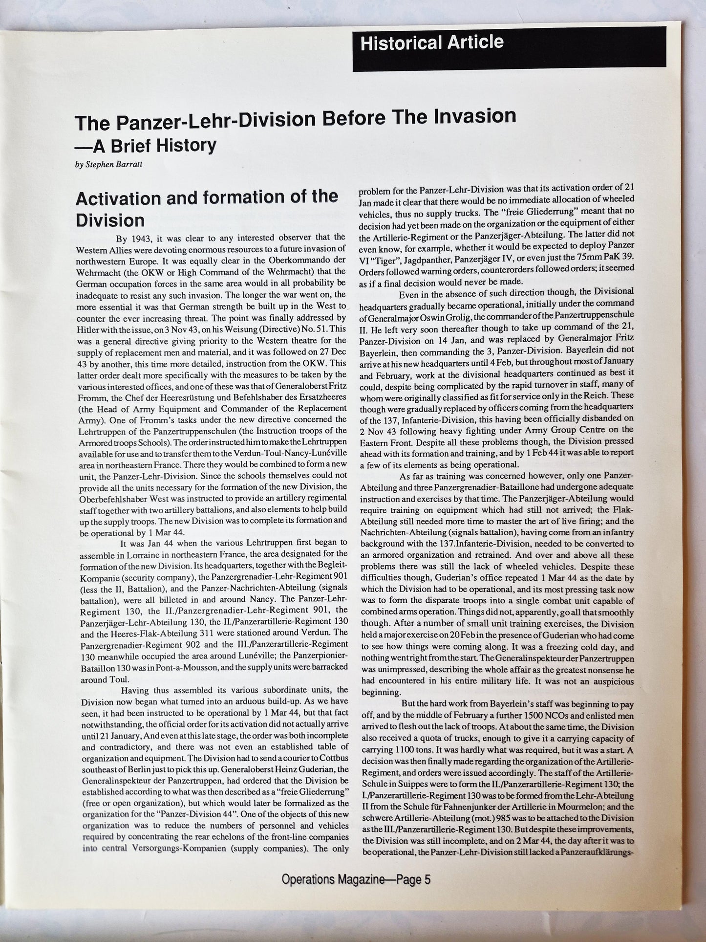 Operations: The Wargaming Journal: Number 6 Fall 1992 (Very good)