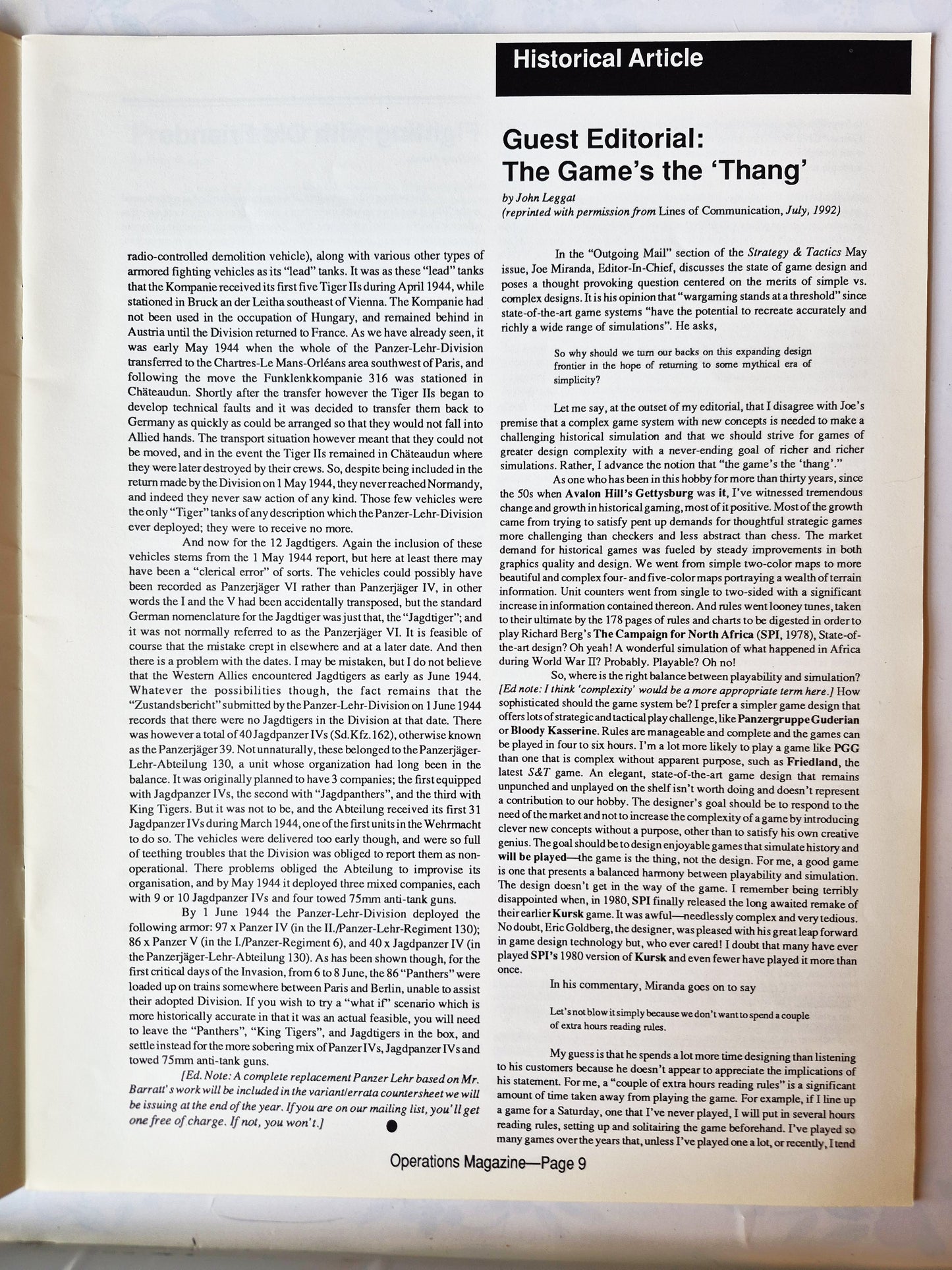 Operations: The Wargaming Journal: Number 6 Fall 1992 (Very good)