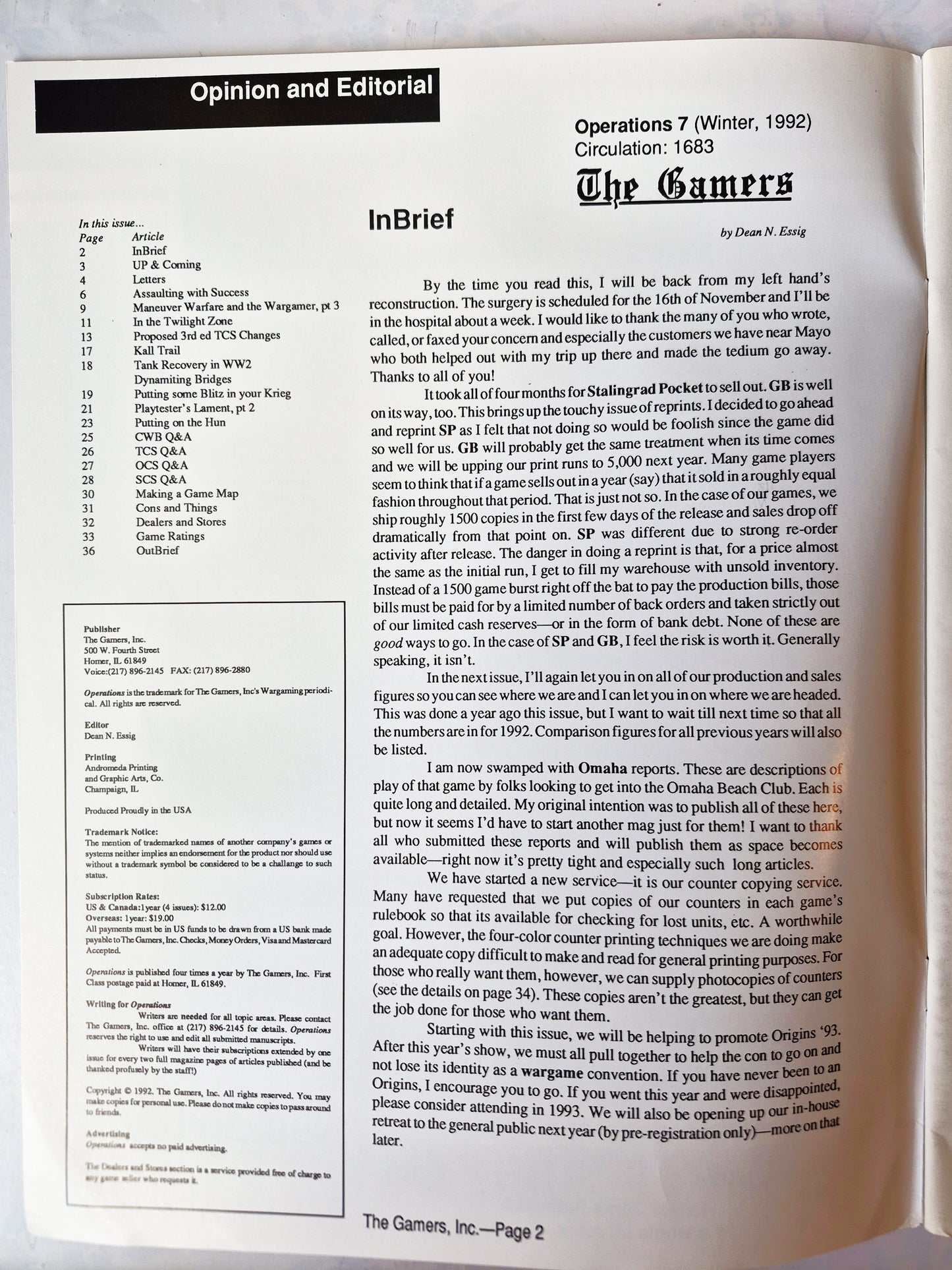 Operations: The Wargaming Journal: Number 7 Winter 1992 (Very good)