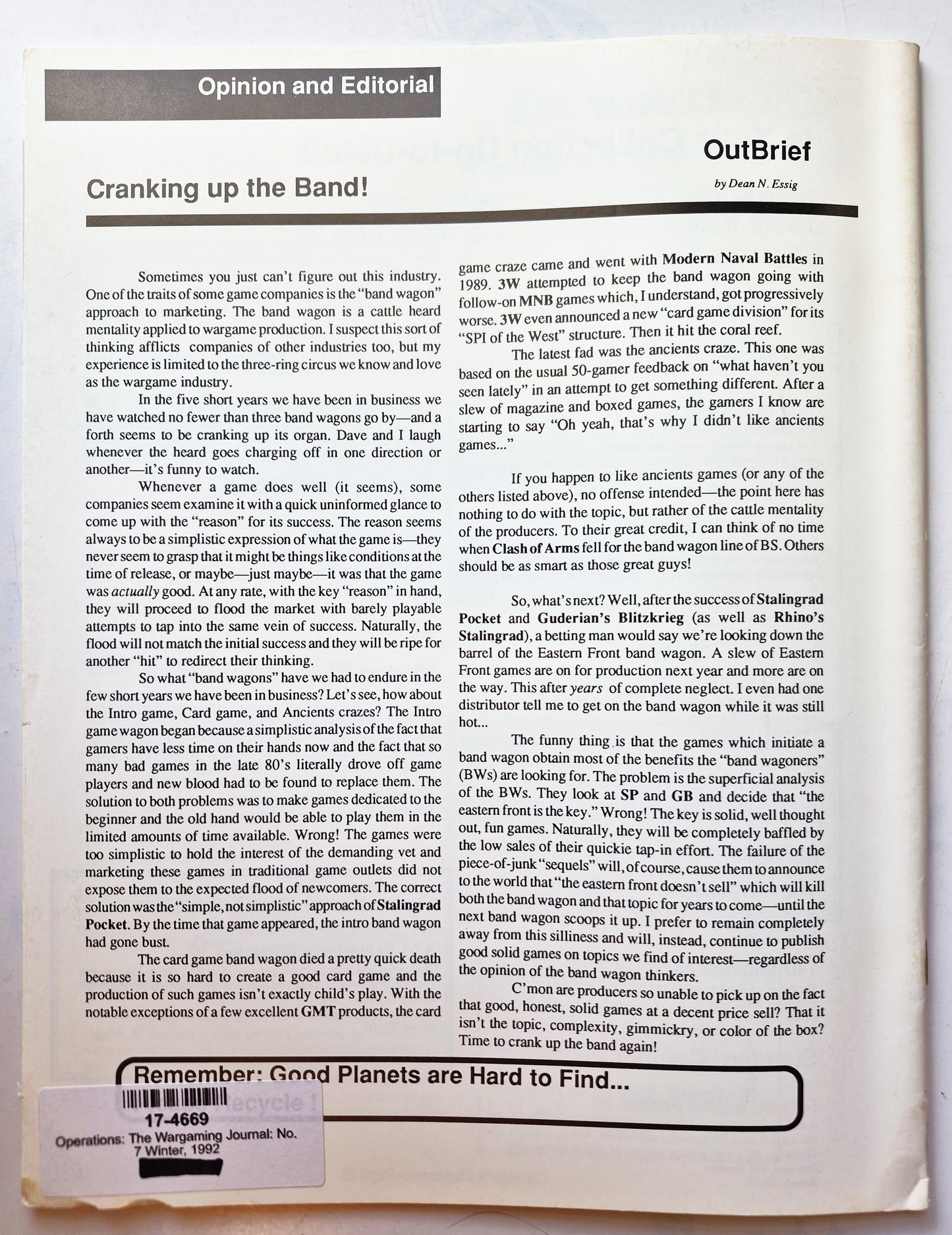 Operations: The Wargaming Journal: Number 7 Winter 1992 (Very good)