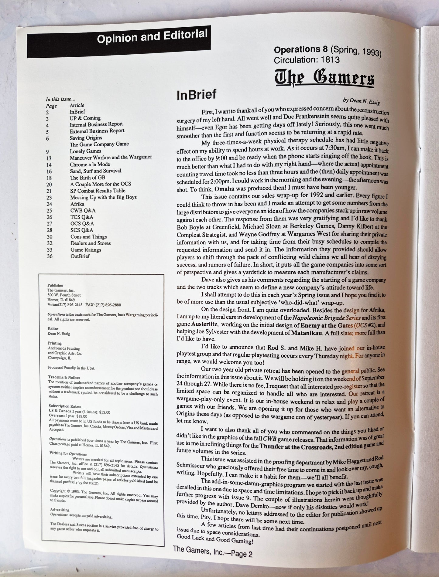 Operations: The Wargaming Journal: Number 8 spring 1993 (Very good)