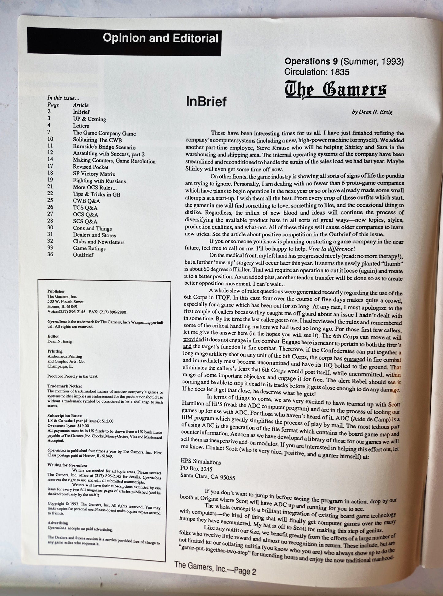 Operations: The Wargaming Journal: Number 9 Summer 1993 (Very good)