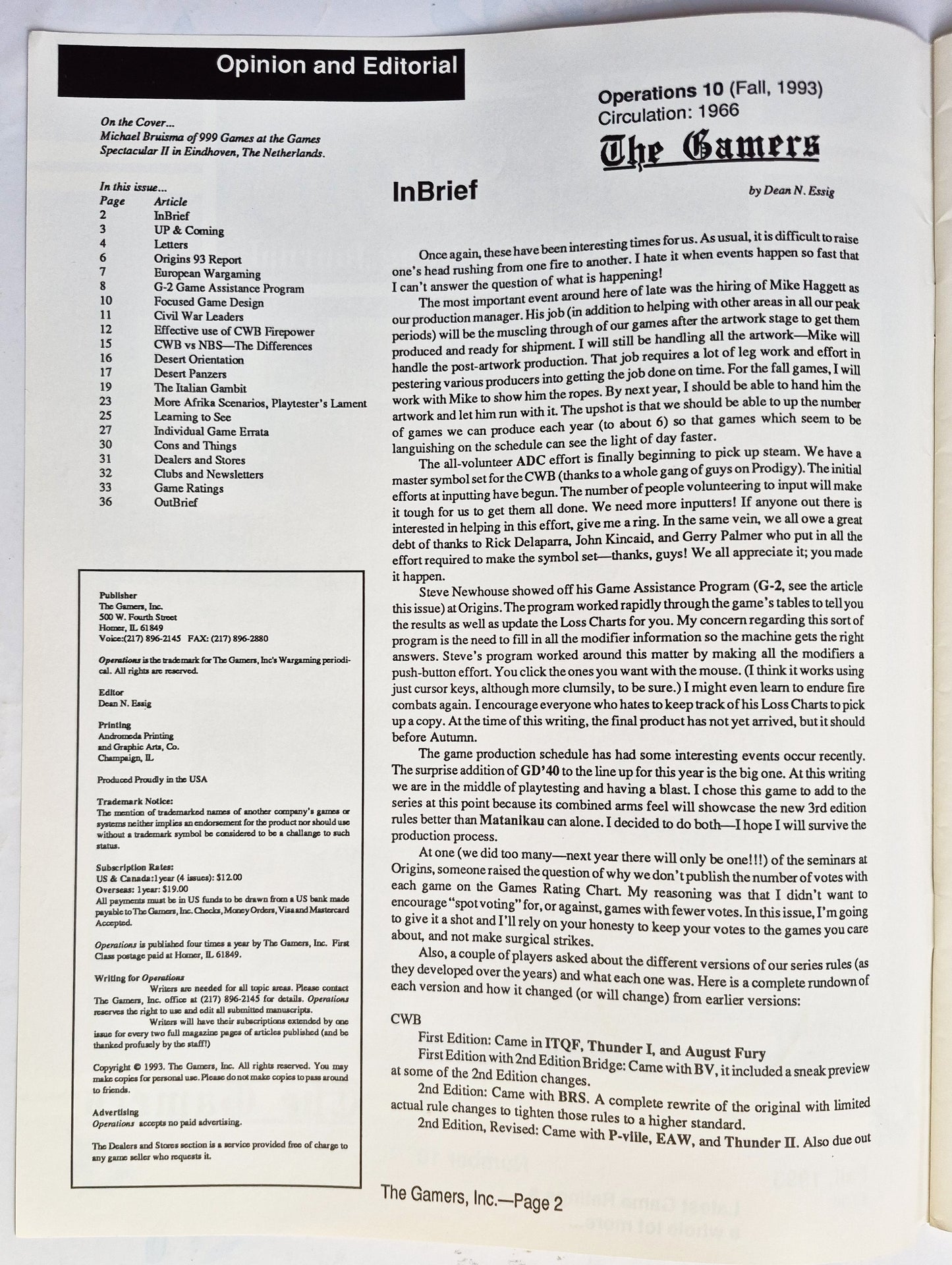 Operations: The Wargaming Journal: Number 10 Fall 1993 (Very good)