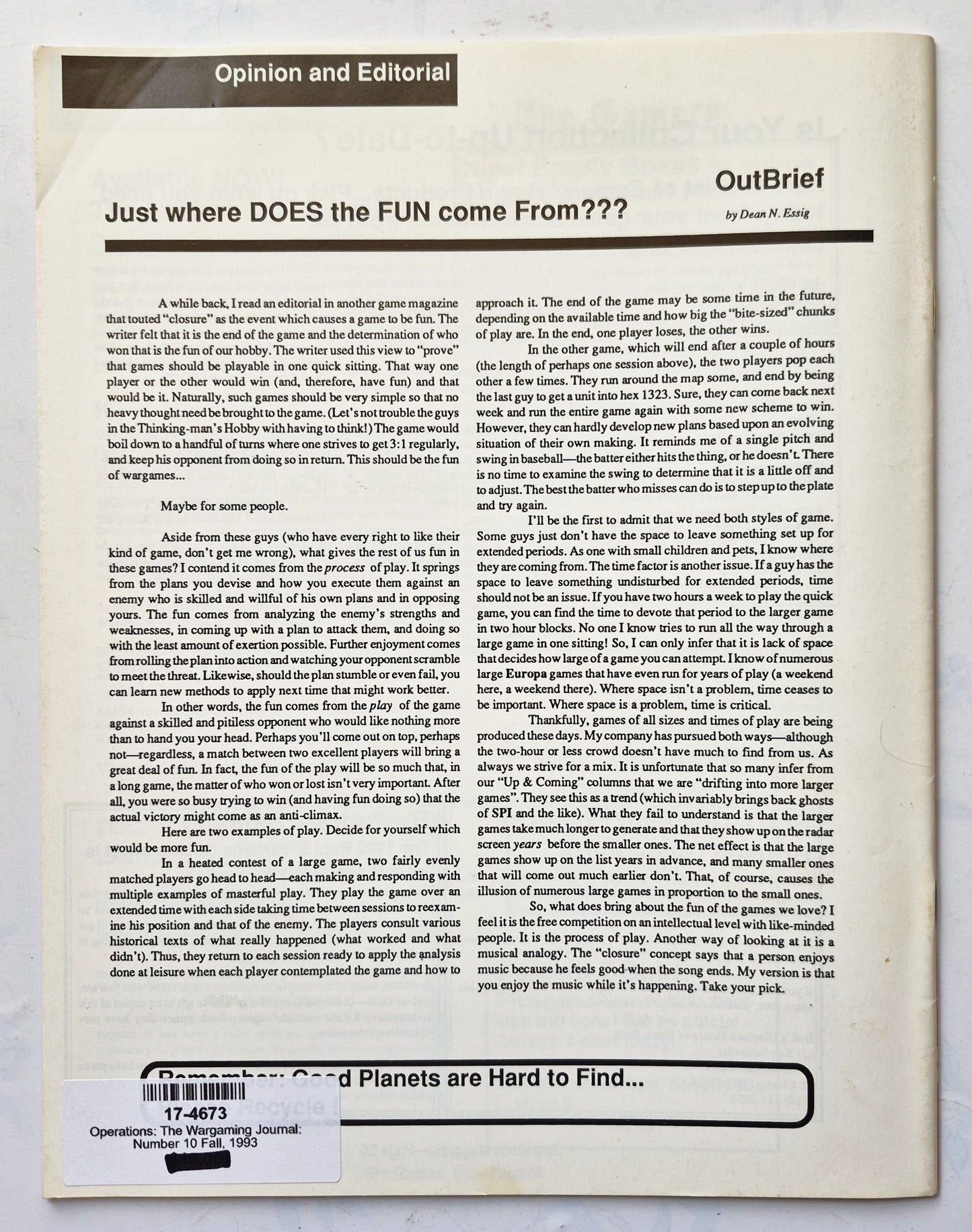 Operations: The Wargaming Journal: Number 10 Fall 1993 (Very good)