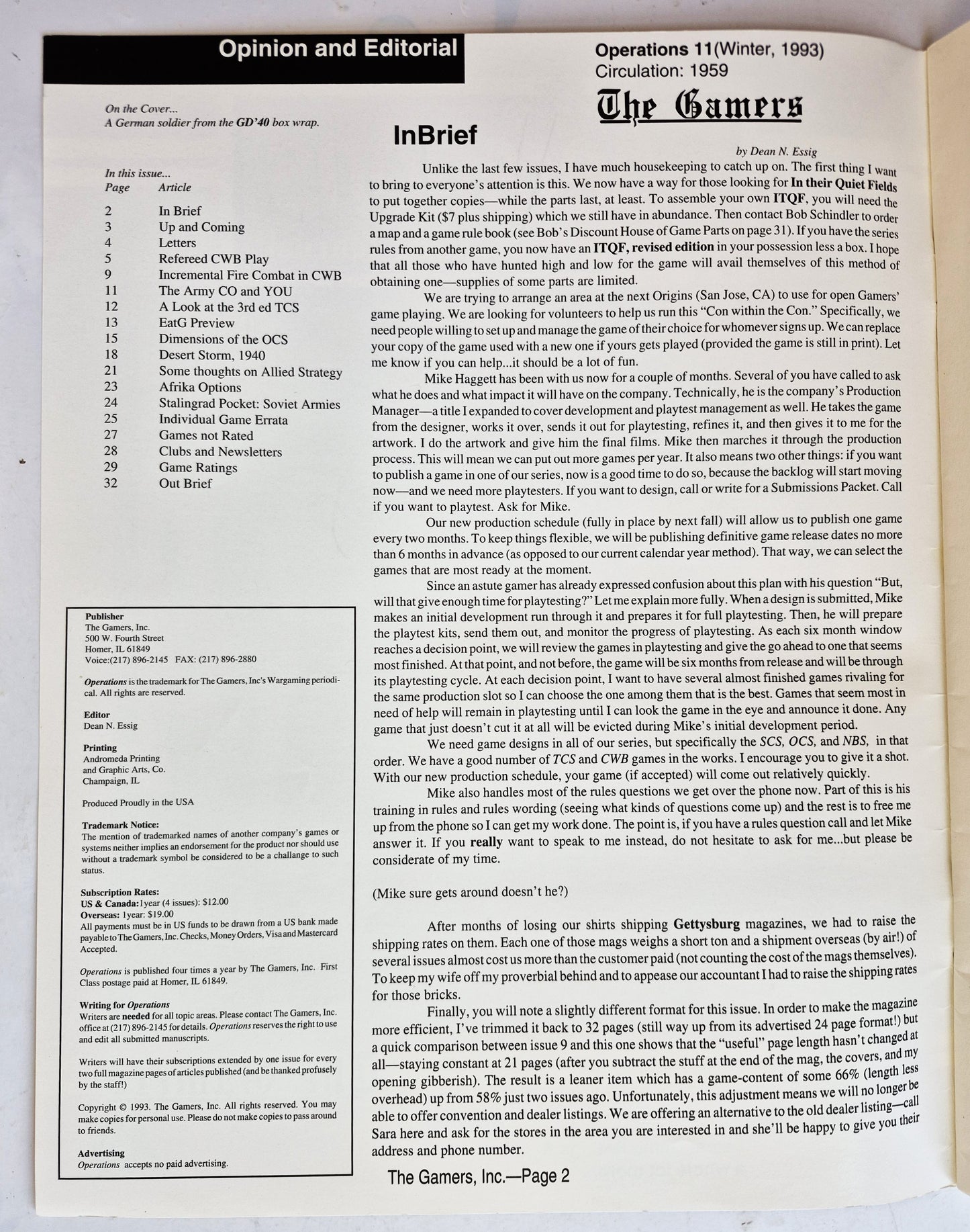 Operations: The Wargaming Journal: Number 11 Winter, 1993 (Very good)
