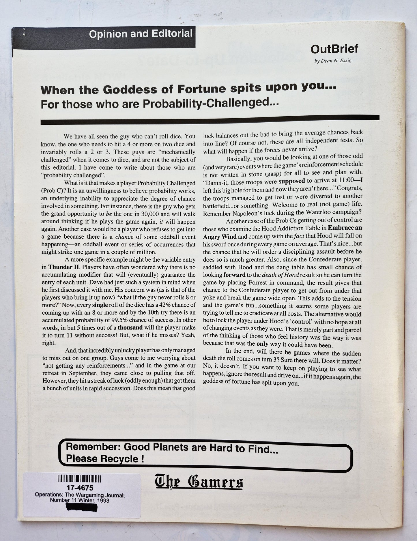 Operations: The Wargaming Journal: Number 11 Winter, 1993 (Very good)