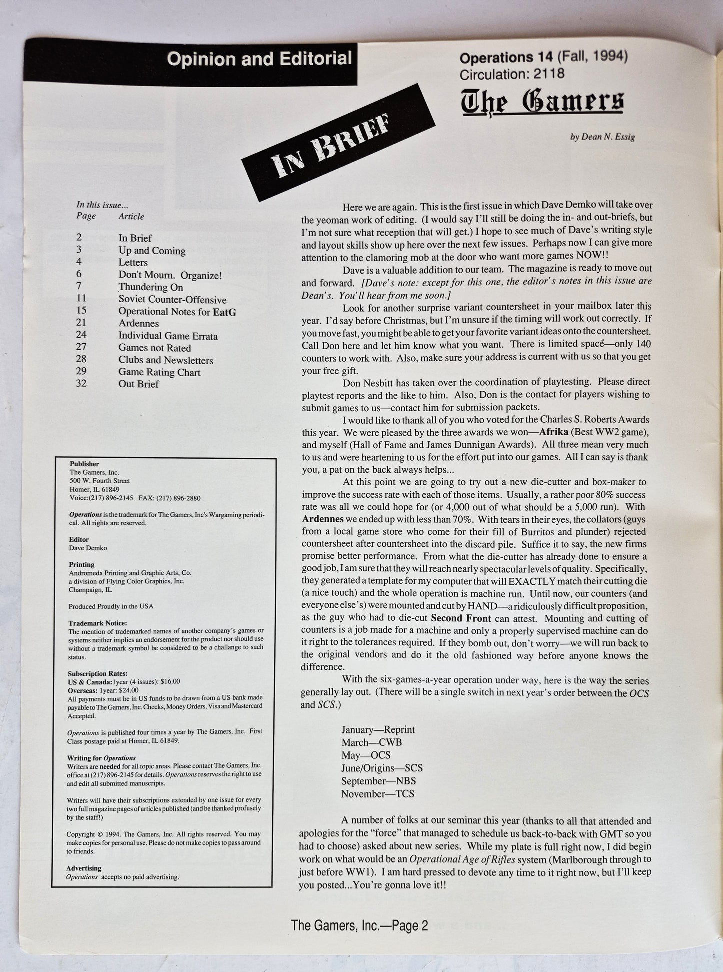 Operations: The Wargaming Journal: Issue 14 Fall 1994 (Very good)