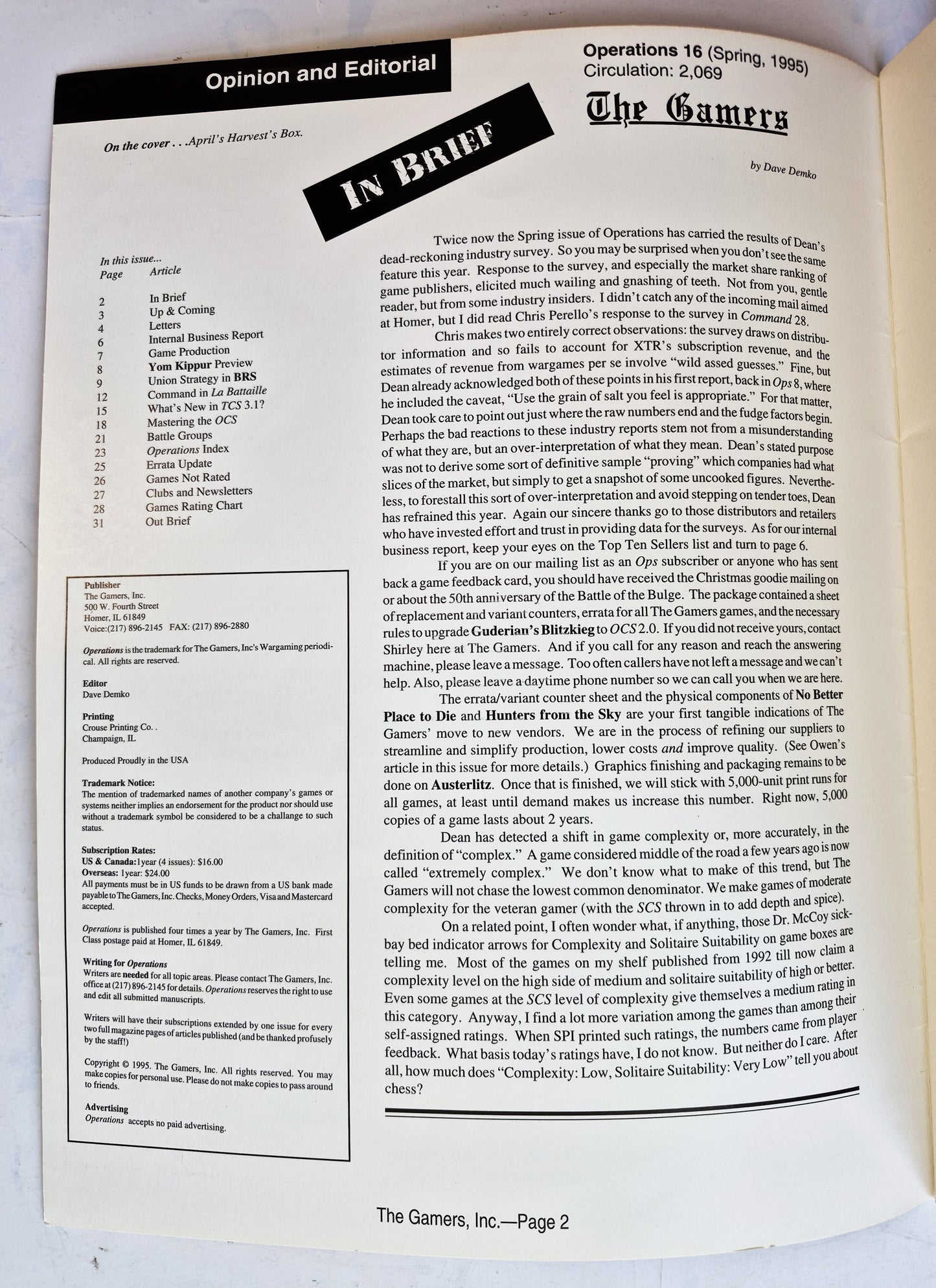 Operations: The Wargaming Journal: Number 16 Spring 1995 (Very good)