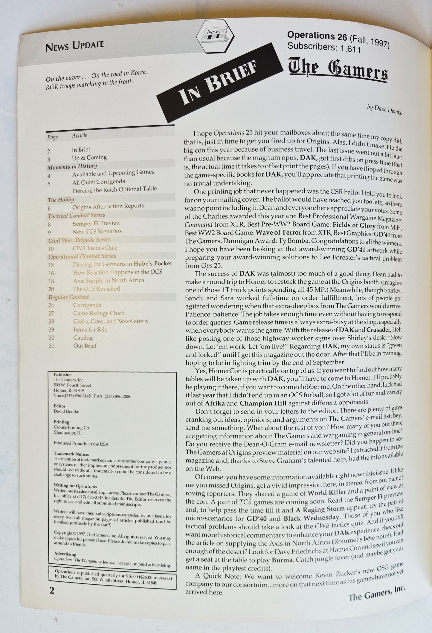Operations: The Wargaming Journal: Issue 26 Fall, 1997 (Very good)