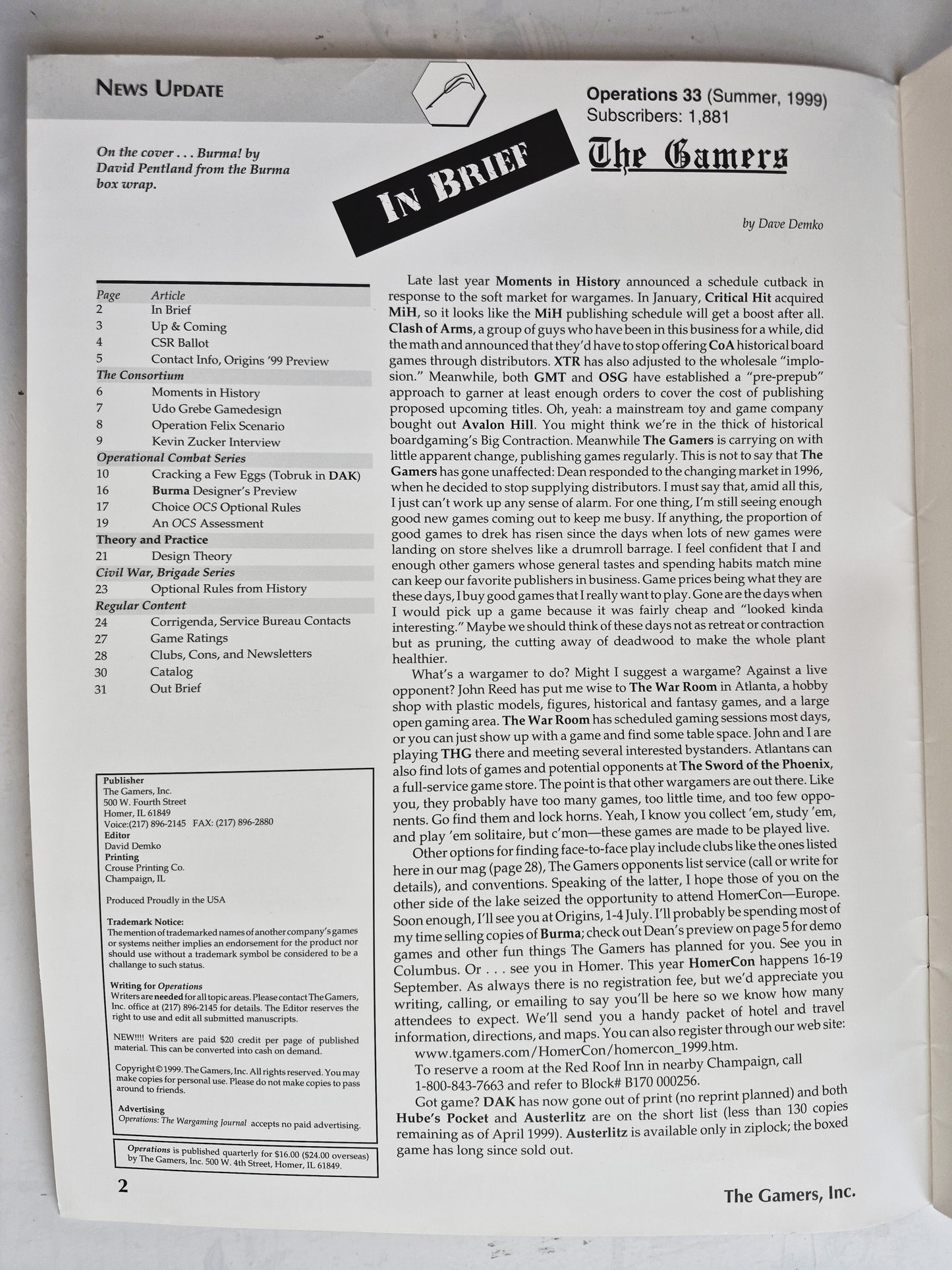 Operations: The Wargaming Journal: Issue 33 Summer, 1999 (Very good)