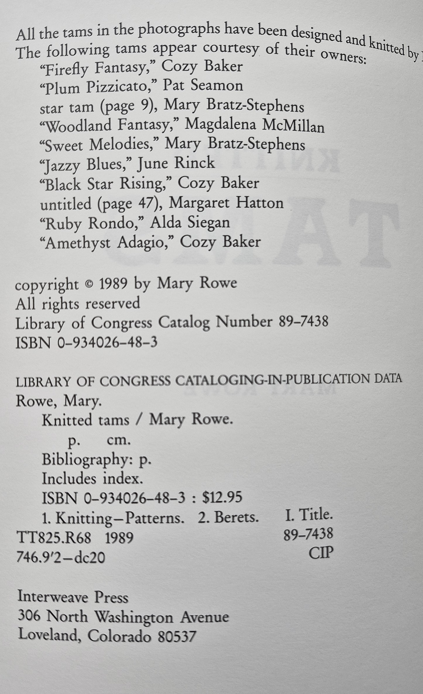 Knitted Tams by Mary Rowe (Very good, 1989, Pbk, 104 pgs, Interweave Press)