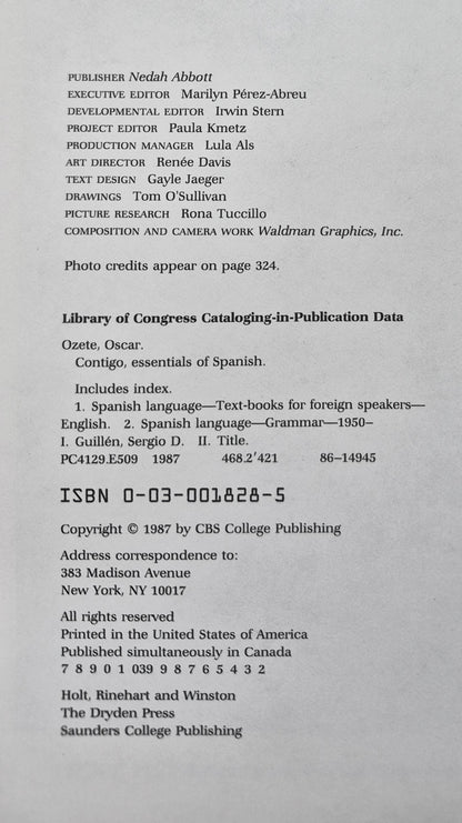 Contigo Essentials of Spanish by Oscar Ozete; Sergio Guillen (Very Good, 1987, HC, 324 pgs, CBS College Printing)