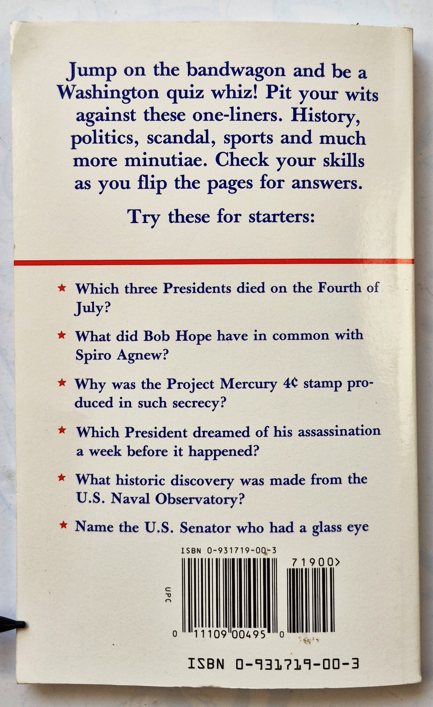 Exclusively Washington Trivia by Anthony S. Pitch (Very Good, 2005, Pbk, 172 pgs, Mino Pub)