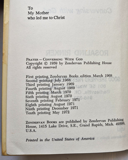 Prayer: Conversing with God by Rosalind Rinker (Good, 1972, Pbk, 95 pgs, Zondervan)