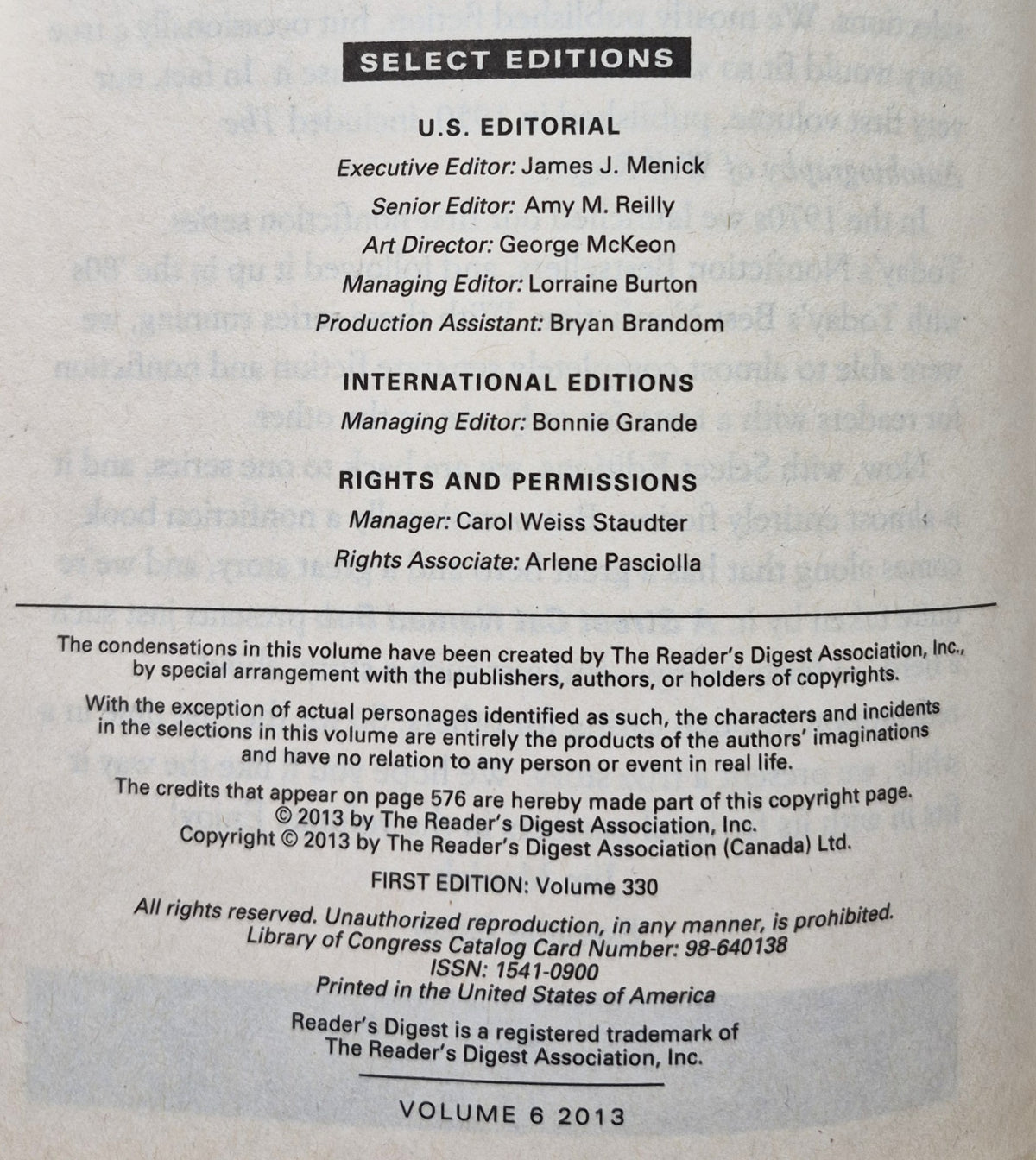 Reader's Digest Select Edition Vol 6 2013; The Silver Stary by Jeannette Walls; Political Suicide by Michael Palmer; A Street Cat Names Bob by James Bowen; Fly Away by Kristin Hannah (Good, Pbk)