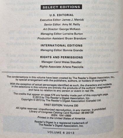 Reader's Digest Select Edition Vol 6 2013; The Silver Stary by Jeannette Walls; Political Suicide by Michael Palmer; A Street Cat Names Bob by James Bowen; Fly Away by Kristin Hannah (Good, Pbk)