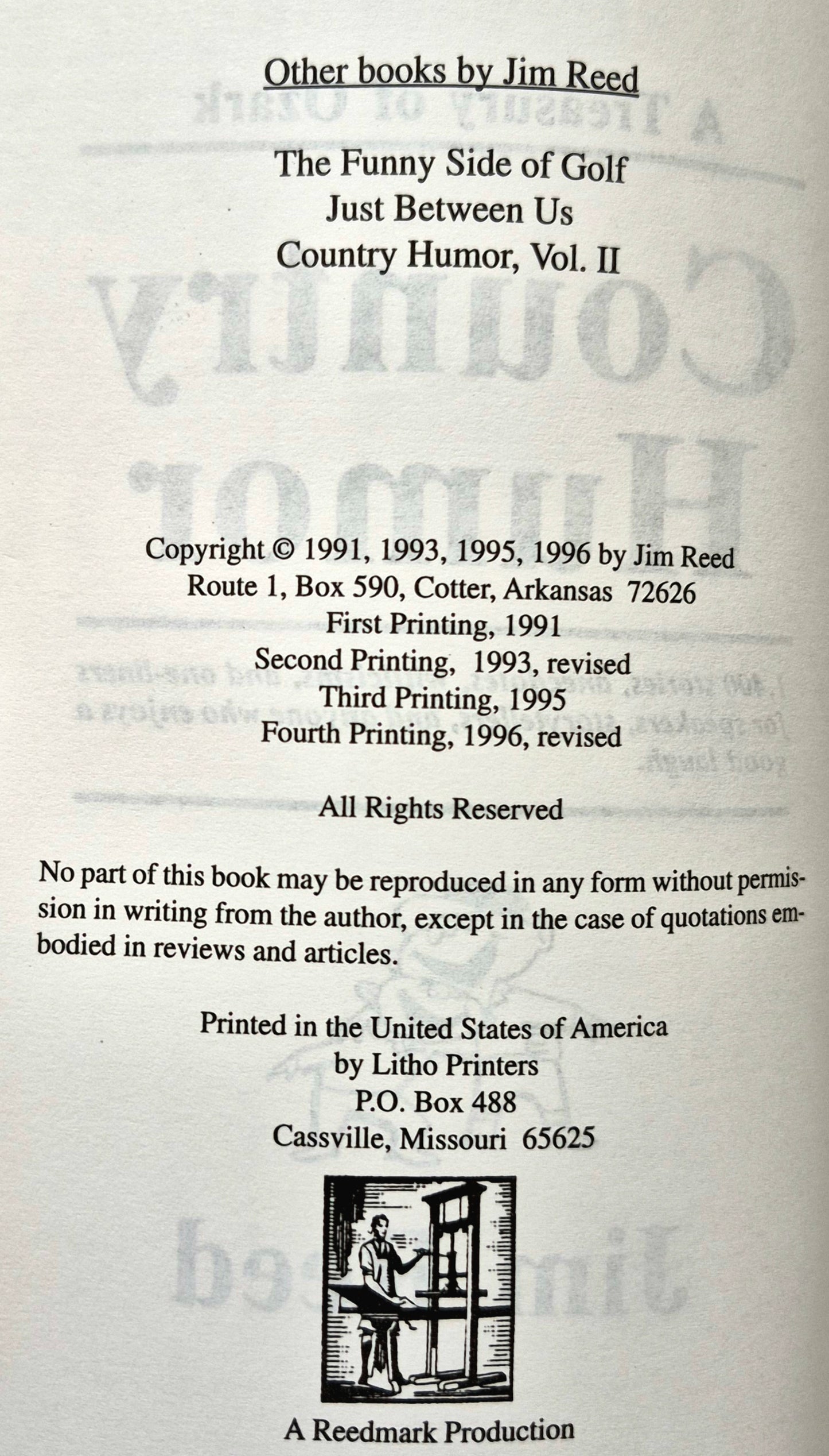 A Treasury of Ozark Country Humor by Jim Reed (Very good, 1996, Pbk, 162 pgs, Litho Printers)