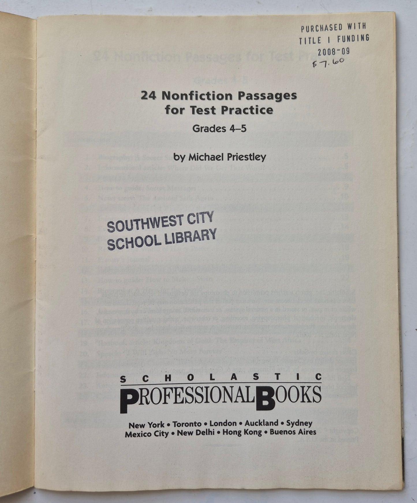 24 Nonfiction Passages for Test Practice by Michael Priestley (Very good, 2002, Pbk, 48 pgs, Scholastic)