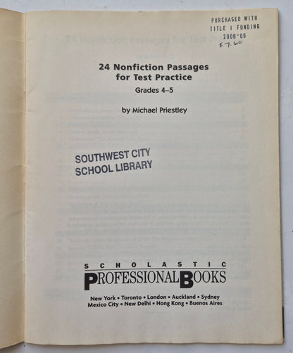 24 Nonfiction Passages for Test Practice by Michael Priestley (Very good, 2002, Pbk, 48 pgs, Scholastic)