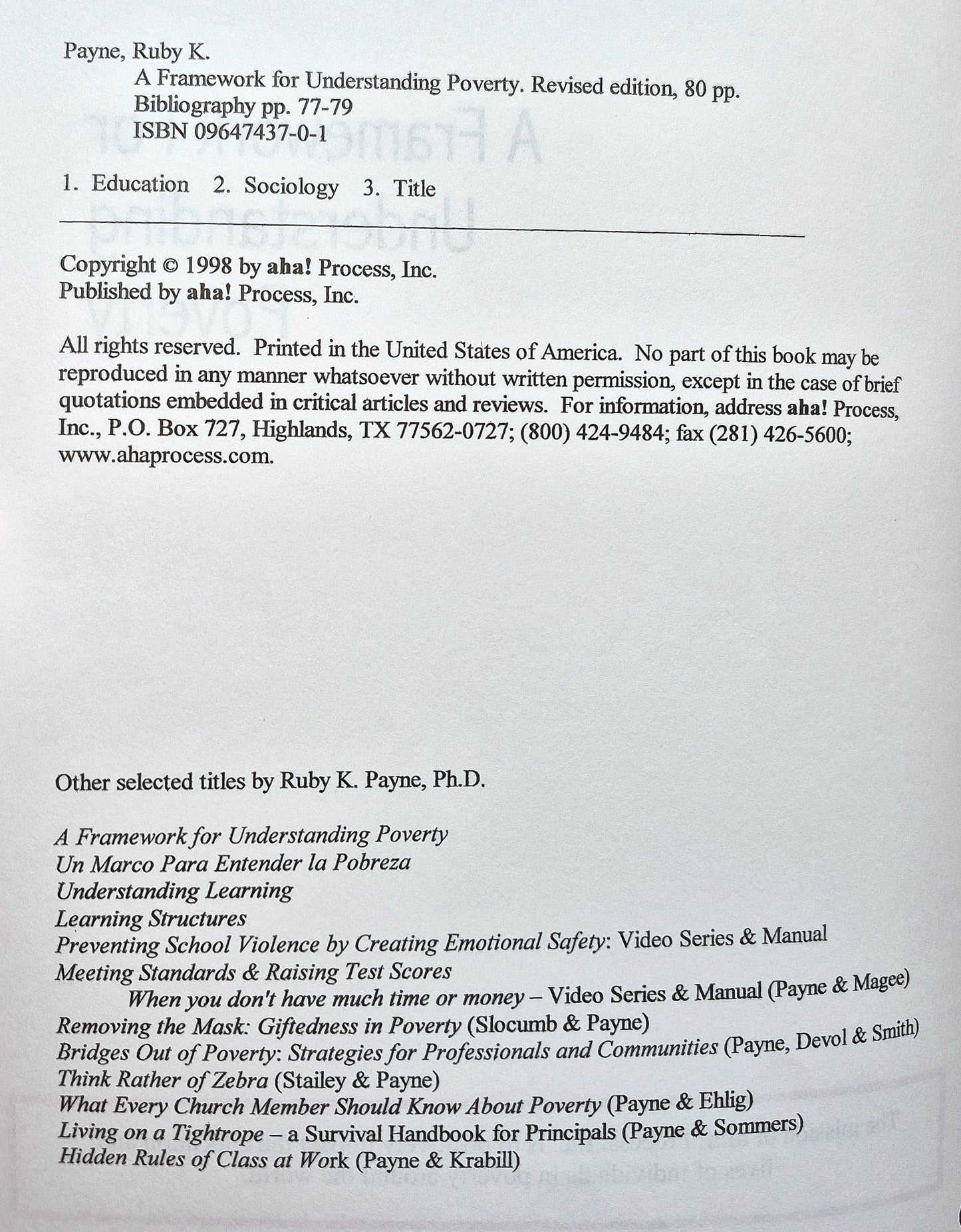 A Framework for Understanding Poverty Modules 1-9 Workbook by Ruby K. Payne (Very good, 1996, Pbk, 207 pgs, aha! Press)