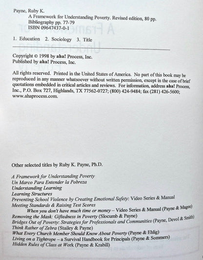 A Framework for Understanding Poverty Modules 1-9 Workbook by Ruby K. Payne (Very good, 1996, Pbk, 207 pgs, aha! Press)