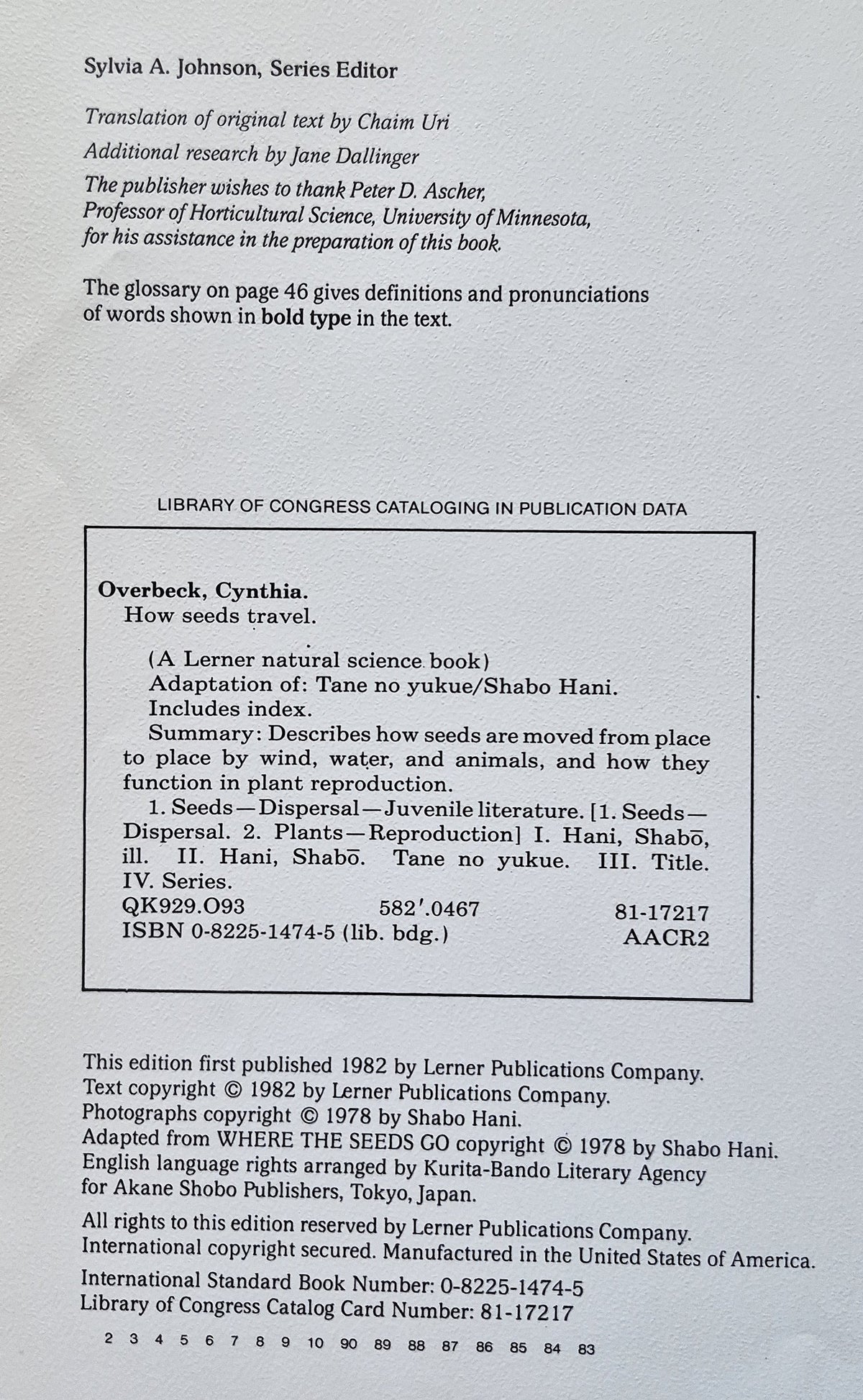 How Seeds Travel by Cynthia Overbeck; Shabo Hani (Very good, 1982, HC, 48 pgs, Lerner Pub. Co.)
