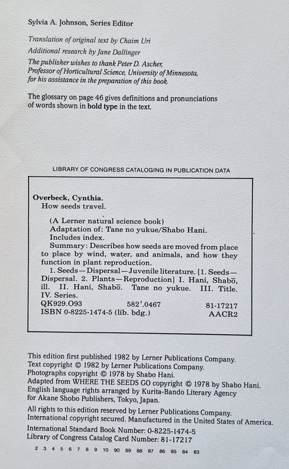How Seeds Travel by Cynthia Overbeck; Shabo Hani (Very good, 1982, HC, 48 pgs, Lerner Pub. Co.)