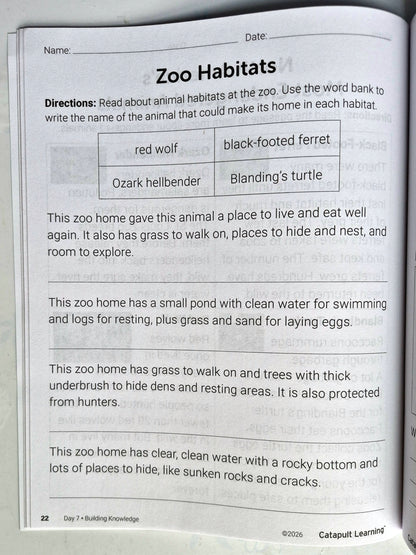 Wildlife Wonders Summer Journey Student Resource Book (New, 2026, Pbk, 53 pgs, Catapult Learning)