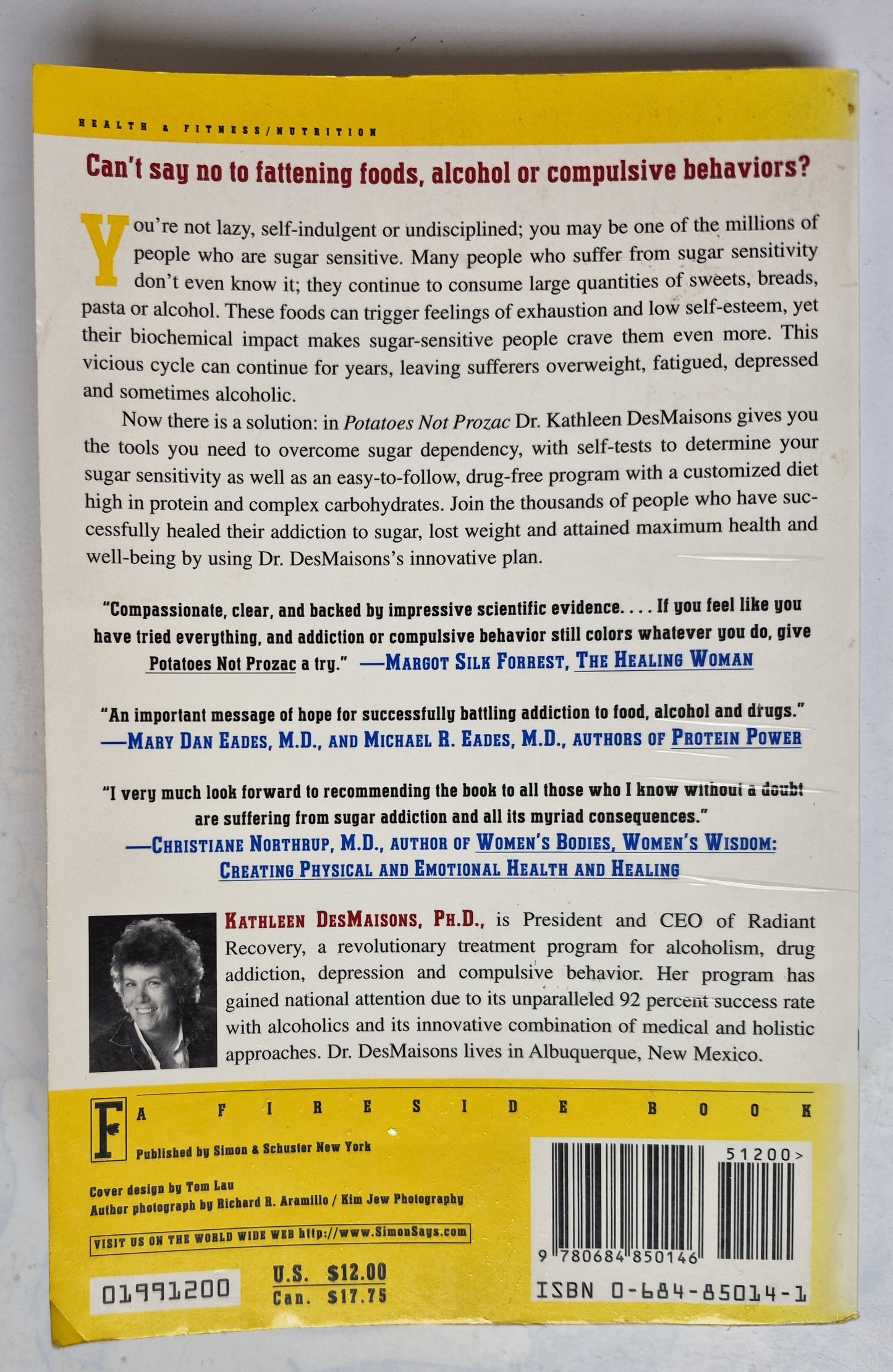 Potatoes Not Prozac: Are You Sugar Sensitive? by Kathleen DesMaisons (Good, 1999, Pbk, 252 pgs, Simon & Schuster)