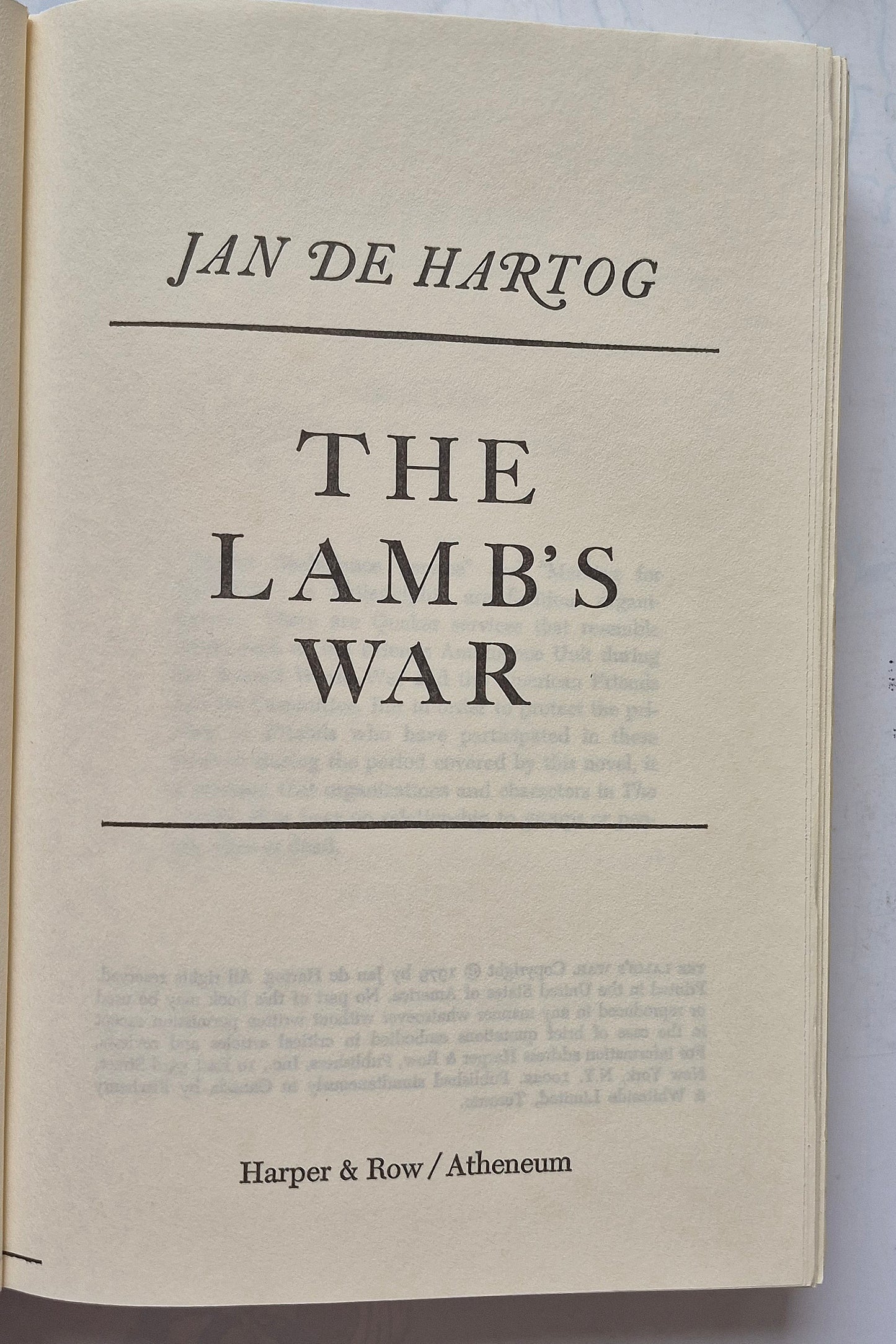 The Lamb's War by Jan De Hartog (Good, 1979, HC, 461 pgs, Harper & Row)