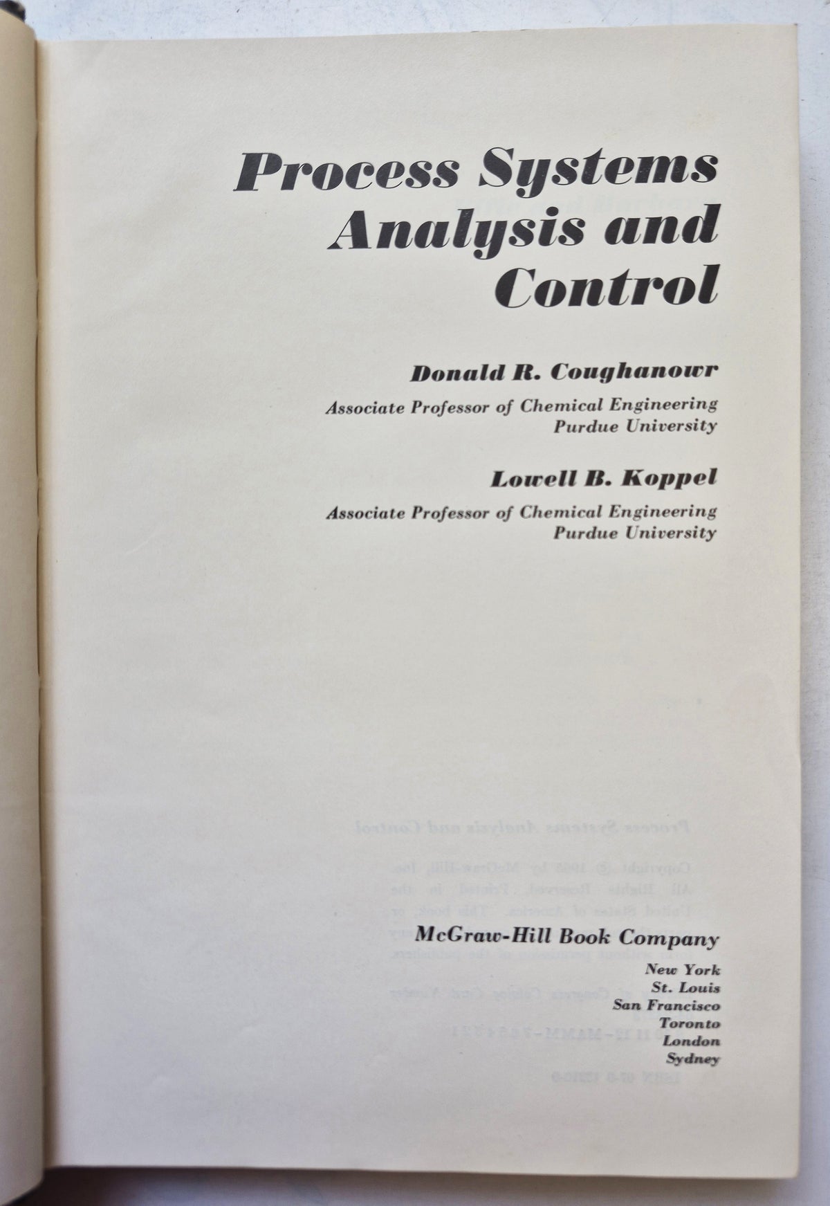 Chemical Engineering Series: Process Systems Analysis and Control by Donald R. Coughanowr; Lowell B. Koppel (Good, 1965, HC, 491 pgs, McGraw-Hill Inc. First Edition)