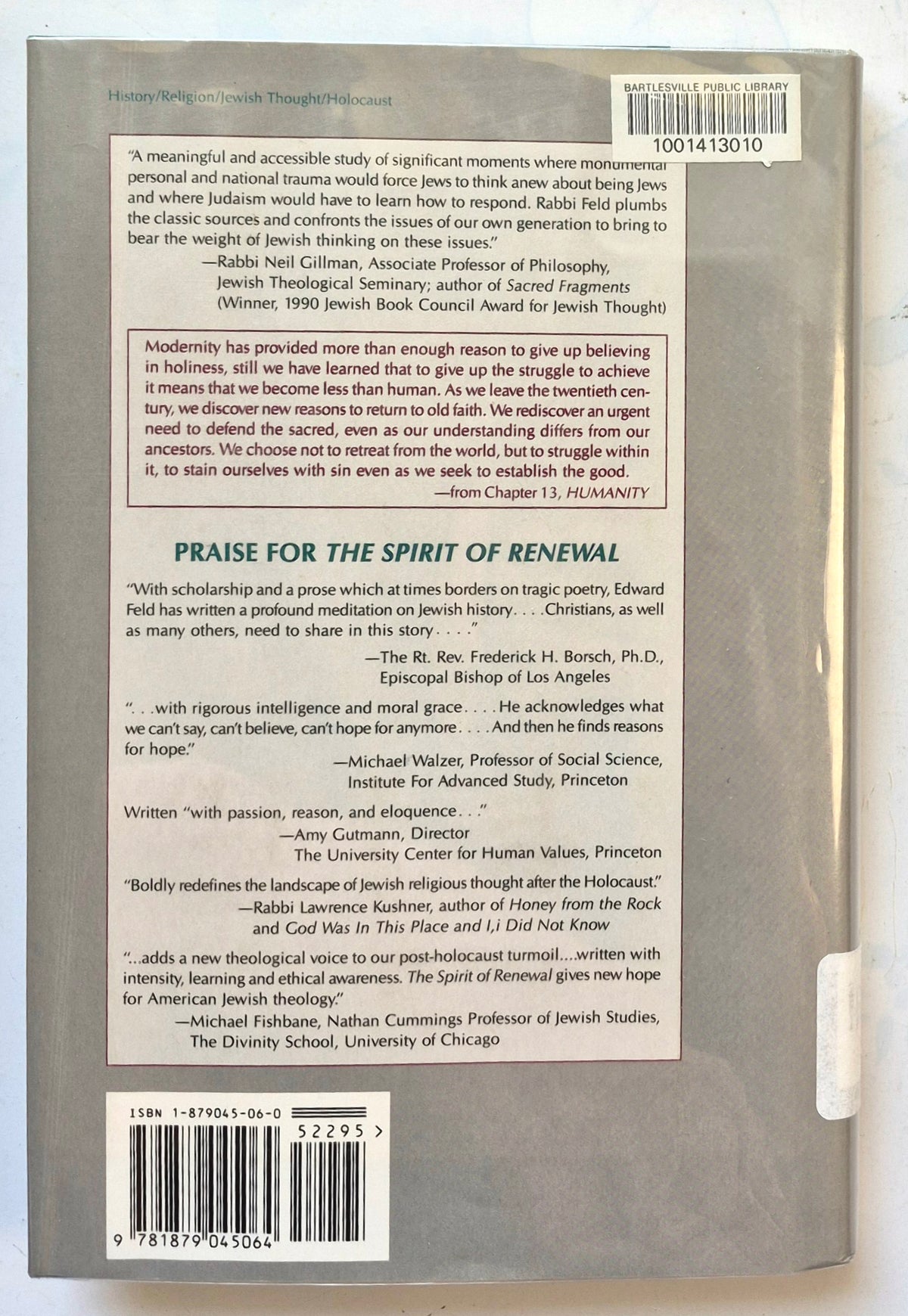 The Spirit of Renewal: Crisis and Response in Jewish Life by Edward Feld (Very good, 1991, HC, 191 pgs, Jewish Lights Pub.)