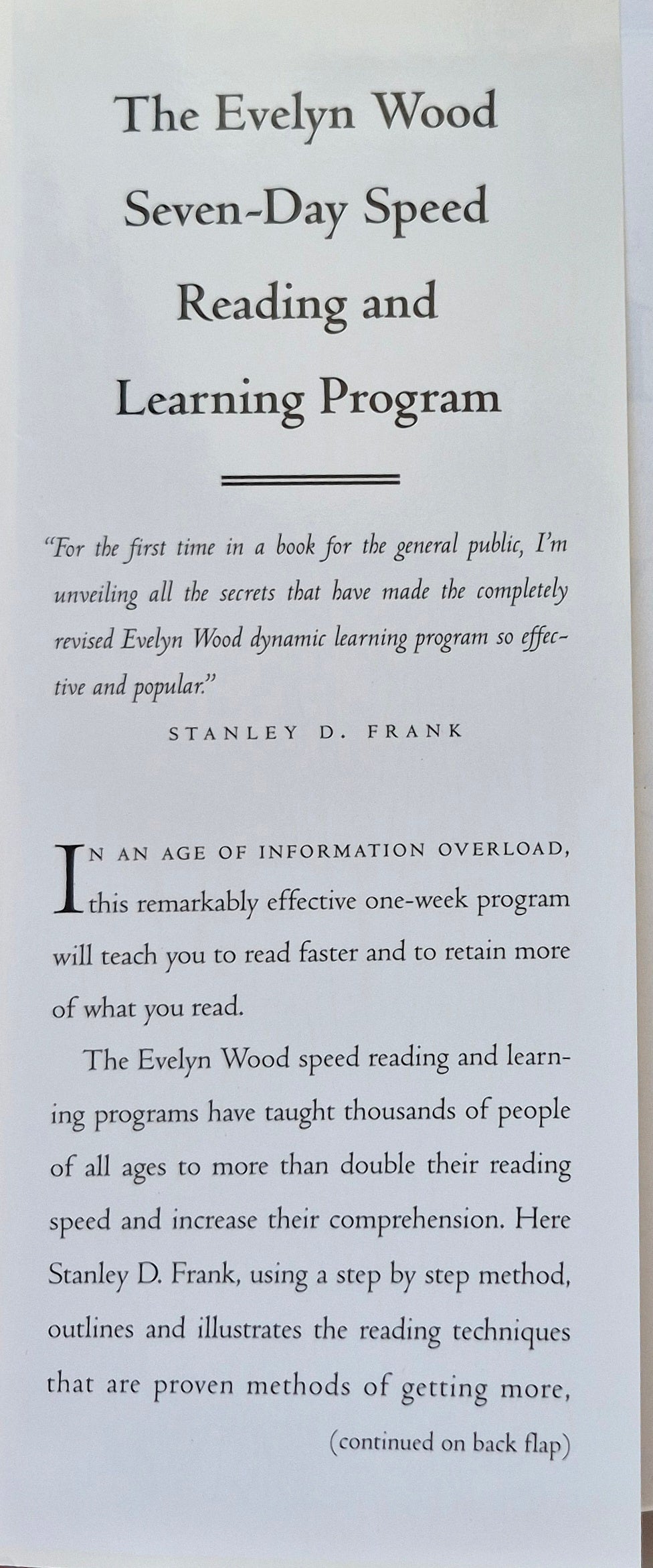 The Evelyn Wood Seven-Day Speed Reading and Learning Program by Stanley D. Frank (Very good, 1990, HC, 212 pgs, Barnes & Noble)