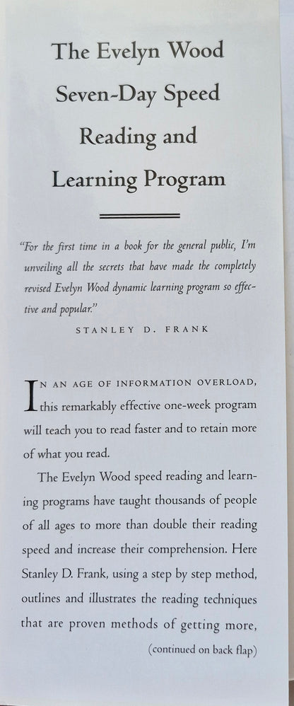 The Evelyn Wood Seven-Day Speed Reading and Learning Program by Stanley D. Frank (Very good, 1990, HC, 212 pgs, Barnes & Noble)