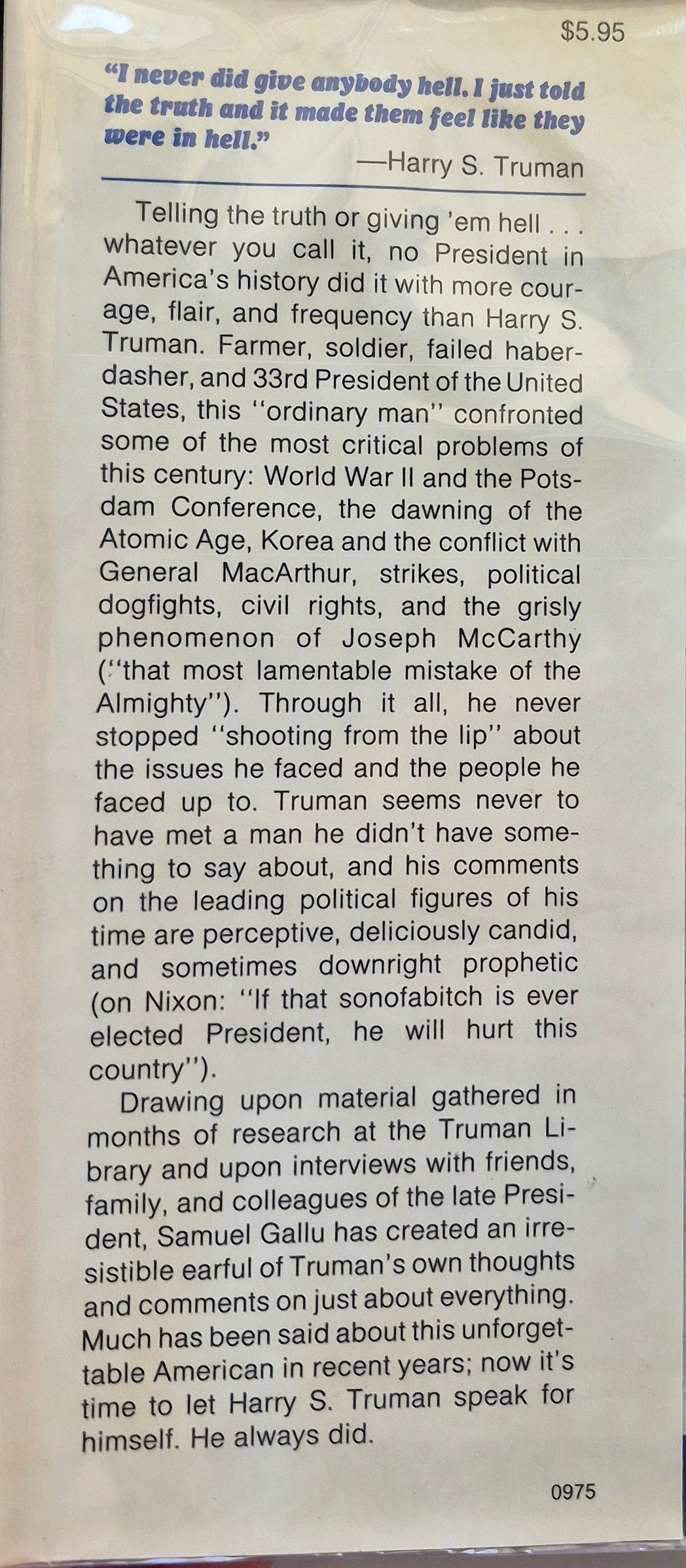 "Give 'em Hell Harry! Reminiscences by Samuel Gallu (Good, 1975, HC, 83 pgs, The Viking Press)